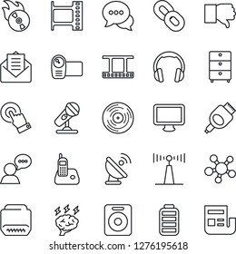 Thin Line Icon Set - brainstorm vector, satellite antenna, film frame, vinyl, archive chest, flame disk, microphone, video camera, touch screen, dialog, speaker, headphones, monitor, radio phone