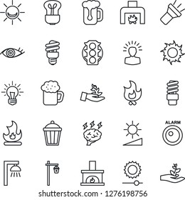 Thin Line Icon Set - brainstorm vector, fire, sun, garden light, eye, traffic, torch, brightness, fireplace, beer, bulb, energy saving, outdoor lamp, alarm led, palm sproute, shining head, idea