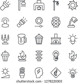 Thin Line Icon Set - brainstorm vector, bulb, fire, sun, garden light, traffic, torch, brightness, desk lamp, fireplace, beer, candle, smoke detector, energy saving, outdoor, shining head, idea