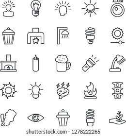 Thin Line Icon Set - brainstorm vector, bulb, fire, sun, garden light, eye, traffic, torch, brightness, desk lamp, fireplace, beer, candle, smoke detector, energy saving, outdoor, alarm led