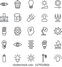 Thin Line Icon Set - brainstorm vector, bulb, fire, sun, garden light, eye, traffic, torch, brightness, desk lamp, fireplace, beer, candle, energy saving, shining head
