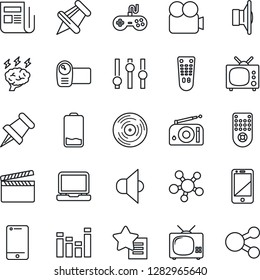 Thin Line Icon Set - brainstorm vector, clapboard, vinyl, radio, news, speaker, gamepad, settings, equalizer, video camera, remote control, cell phone, laptop pc, share, favorites list, paper pin