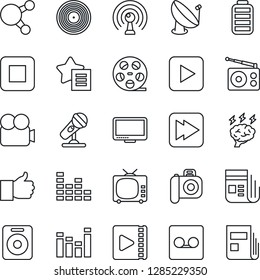 Thin Line Icon Set - brainstorm vector, satellite antenna, reel, vinyl, camera, microphone, radio, news, tv, equalizer, video, monitor, share, speaker, finger up, favorites list, battery, stop
