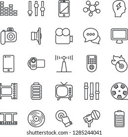 Thin Line Icon Set - brainstorm vector, film frame, reel, vinyl, flame disk, camera, microphone, antenna, speaker, tv, settings, equalizer, video, remote control, cell phone, touch screen, dialog