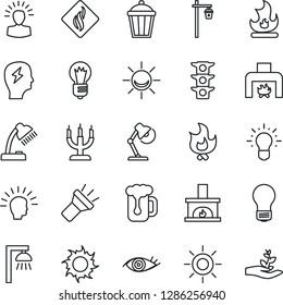 Thin Line Icon Set - brainstorm vector, bulb, fire, sun, garden light, eye, traffic, torch, desk lamp, fireplace, beer, candle, smoke detector, outdoor, alarm led, shining head, idea, palm sproute