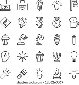 Thin Line Icon Set - brainstorm vector, bulb, fire, garden light, traffic, torch, desk lamp, fireplace, beer, candle, smoke detector, energy saving, outdoor, alarm led, shining head, idea