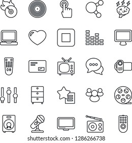 Thin Line Icon Set - brainstorm vector, reel, vinyl, archive chest, flame disk, microphone, radio, settings, equalizer, video camera, remote control, touch screen, dialog, monitor, laptop pc, share