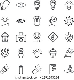 Thin Line Icon Set - brainstorm vector, bulb, fire, sun, garden light, eye, torch, brightness, desk lamp, fireplace, candle, smoke detector, energy saving, outdoor, shining head, idea, palm sproute