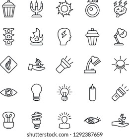Thin Line Icon Set - brainstorm vector, bulb, fire, sun, garden light, eye, traffic, torch, desk lamp, candle, smoke detector, energy saving, outdoor, alarm led, palm sproute, shining head, idea