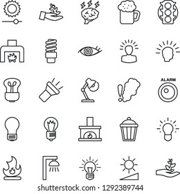 Thin Line Icon Set - brainstorm vector, bulb, fire, garden light, eye, traffic, torch, brightness, desk lamp, fireplace, beer, smoke detector, energy saving, outdoor, alarm led, palm sproute, idea