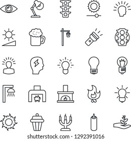 Thin Line Icon Set - brainstorm vector, bulb, fire, sun, garden light, eye, traffic, torch, brightness, desk lamp, fireplace, beer, candle, outdoor, shining head, idea, palm sproute