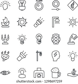 Thin Line Icon Set - brainstorm vector, bulb, fire, sun, garden light, eye, traffic, torch, brightness, desk lamp, fireplace, beer, candle, smoke detector, outdoor, alarm led, shining head, idea