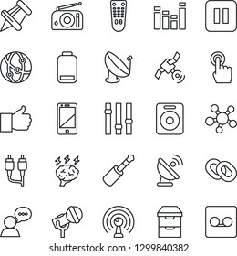 Thin Line Icon Set - brainstorm vector, satellite antenna, microphone, radio, settings, equalizer, remote control, network, cell phone, touch screen, speaker, share, chain, finger up, paper pin, rca