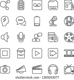 Thin Line Icon Set - brainstorm vector, clapboard, film frame, reel, camera, microphone, news, speaker, loudspeaker, network, dialog, headphones, share, battery, low, play button, stop, fast forward