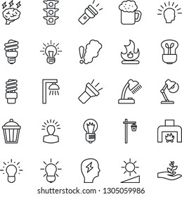 Thin Line Icon Set - brainstorm vector, bulb, fire, garden light, traffic, torch, brightness, desk lamp, fireplace, beer, smoke detector, energy saving, outdoor, shining head, idea, palm sproute