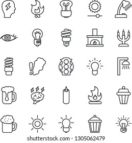 Thin Line Icon Set - brainstorm vector, bulb, fire, sun, garden light, eye, traffic, brightness, desk lamp, fireplace, beer, candle, smoke detector, energy saving, outdoor, idea