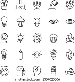 Thin Line Icon Set - brainstorm vector, bulb, fire, sun, garden light, eye, traffic, brightness, desk lamp, fireplace, beer, candle, energy saving, outdoor, alarm led, palm sproute