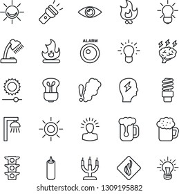 Thin Line Icon Set - brainstorm vector, fire, sun, eye, traffic light, torch, brightness, desk lamp, beer, candle, smoke detector, bulb, energy saving, outdoor, alarm led, shining head, idea