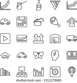 Thin Line Icon Set - brainstorm vector, butterfly, cash, car delivery, warehouse storage, up side sign, equalizer, play button, mobile camera, themes, calendar, garage, office building, credit card