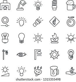 Thin Line Icon Set - brainstorm vector, bulb, fire, sun, garden light, eye, torch, brightness, desk lamp, fireplace, beer, smoke detector, energy saving, outdoor, alarm led, shining head, idea