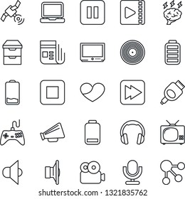 Thin Line Icon Set - brainstorm vector, vinyl, satellite, news, speaker, loudspeaker, gamepad, tv, microphone, headphones, laptop pc, heart, battery, low, pause button, stop, fast forward, hdmi