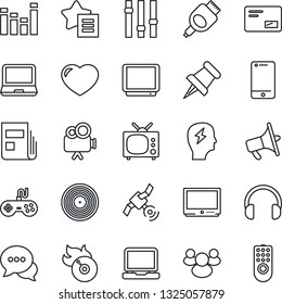 Thin Line Icon Set - brainstorm vector, vinyl, flame disk, satellite, loudspeaker, gamepad, settings, equalizer, tv, video camera, cell phone, dialog, headphones, laptop pc, group, favorites list