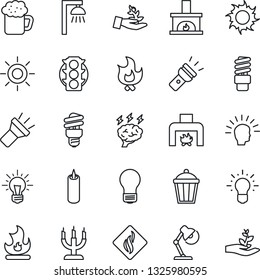 Thin Line Icon Set - brainstorm vector, bulb, fire, sun, garden light, traffic, torch, desk lamp, fireplace, beer, candle, smoke detector, energy saving, outdoor, palm sproute, shining head, idea