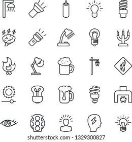 Thin Line Icon Set - brainstorm vector, bulb, fire, garden light, eye, traffic, torch, brightness, desk lamp, fireplace, beer, candle, smoke detector, energy saving, outdoor, shining head, idea