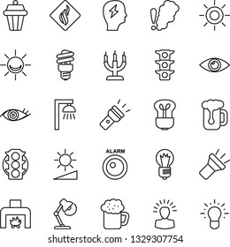 Thin Line Icon Set - brainstorm vector, bulb, sun, eye, traffic light, torch, brightness, desk lamp, fireplace, beer, candle, smoke detector, energy saving, outdoor, alarm led, shining head, idea