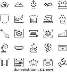 Thin Line Icon Set - Brainstorm Vector, Job, Factory, Fire, Eye, Up Side Sign, Mobile Camera, Calendar, Id, Presentation Board, Bar Graph, Ink Pen, Desk Lamp, Mountains, Garage, Warehouse, Hot Dog