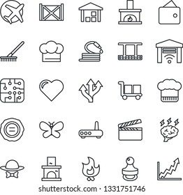 Thin Line Icon Set - brainstorm vector, stamp, rake, butterfly, fire, hose, fireplace, heart, route, plane, container, cargo, warehouse, clapboard, film frame, cook hat, dress code, chip, router