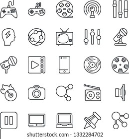 Thin Line Icon Set - brainstorm vector, reel, vinyl, flame disk, camera, microphone, radio, antenna, speaker, gamepad, settings, tv, network, cell phone, laptop pc, share, paper pin, pause button