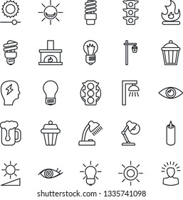Thin Line Icon Set - brainstorm vector, bulb, fire, sun, garden light, eye, traffic, brightness, desk lamp, fireplace, beer, candle, energy saving, outdoor, alarm led, shining head