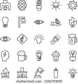 Thin Line Icon Set - brainstorm vector, bulb, fire, sun, eye, traffic light, torch, desk lamp, fireplace, beer, candle, smoke detector, energy saving, outdoor, alarm led, palm sproute, shining head