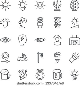 Thin Line Icon Set - brainstorm vector, sun, garden light, eye, traffic, torch, brightness, desk lamp, fireplace, beer, candle, bulb, energy saving, alarm led, palm sproute, shining head, idea