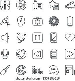 Thin Line Icon Set - brainstorm vector, satellite antenna, vinyl, camera, speaker, loudspeaker, settings, equalizer, microphone, network, cell phone, dialog, radio, favorites list, heart, battery