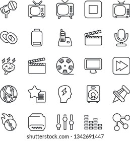 Thin Line Icon Set - brainstorm vector, clapboard, reel, flame disk, microphone, tv, settings, equalizer, network, monitor, radio phone, chain, speaker, favorites list, paper pin, low battery, hdmi