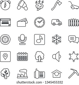 Thin Line Icon Set - brainstorm vector, calendar, factory, stamp, fence, tree, lawn mower, axe, pills, office phone, warehouse storage, speaker, microphone, dialog, alarm, place tag, music, clock