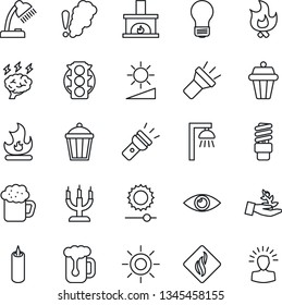 Thin Line Icon Set - brainstorm vector, bulb, fire, sun, garden light, eye, traffic, torch, brightness, desk lamp, fireplace, beer, candle, smoke detector, energy saving, outdoor, palm sproute