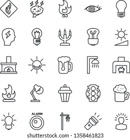 Thin Line Icon Set - brainstorm vector, bulb, fire, garden light, eye, traffic, torch, brightness, desk lamp, fireplace, beer, candle, smoke detector, outdoor, alarm led, shining head