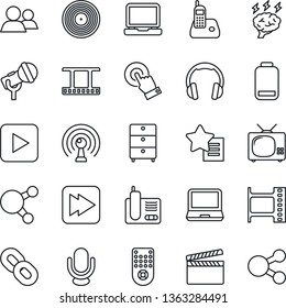 Thin Line Icon Set - brainstorm vector, clapboard, film frame, vinyl, archive chest, microphone, antenna, remote control, touch screen, headphones, laptop pc, radio phone, share, chain, group, tv