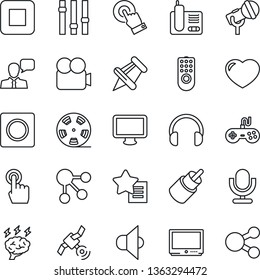 Thin Line Icon Set - brainstorm vector, reel, microphone, satellite, speaker, gamepad, settings, tv, video camera, touch screen, headphones, monitor, radio phone, favorites list, heart, paper pin
