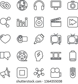 Thin Line Icon Set - brainstorm vector, clapboard, film frame, reel, camera, loudspeaker, tv, equalizer, video, network, headphones, monitor, share, chain, speaker, finger down, heart, low battery