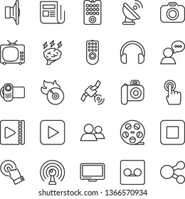 Thin Line Icon Set - brainstorm vector, satellite antenna, reel, flame disk, camera, news, speaker, tv, video, touch screen, headphones, monitor, group, play button, stop, record, remote control