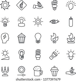 Thin Line Icon Set - brainstorm vector, bulb, fire, sun, garden light, eye, torch, brightness, beer, candle, smoke detector, energy saving, outdoor lamp, palm sproute, shining head, idea
