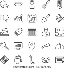 Thin Line Icon Set - Brainstorm Vector, Factory, Statistic Monitor, Trowel, Garden Fork, Pills Blister, Lungs, Doctor, Video Camera, Finger Down, Point Graph, Key, Phone, Cook, Hot Dog, Ladle, Knife