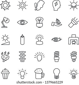 Thin Line Icon Set - brainstorm vector, bulb, sun, eye, traffic light, torch, brightness, desk lamp, fireplace, beer, candle, smoke detector, energy saving, outdoor, alarm led, palm sproute, idea