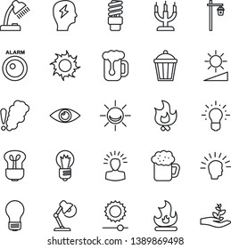 Thin Line Icon Set - brainstorm vector, bulb, fire, sun, garden light, eye, brightness, desk lamp, beer, candle, smoke detector, energy saving, alarm led, shining head, idea, palm sproute