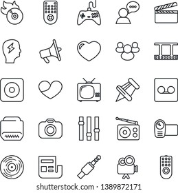 Thin Line Icon Set - brainstorm vector, clapboard, film frame, vinyl, flame disk, camera, radio, loudspeaker, gamepad, settings, video, remote control, speaker, group, heart, paper pin, rec button