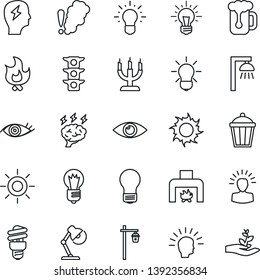 Thin Line Icon Set - brainstorm vector, bulb, fire, sun, garden light, eye, traffic, desk lamp, fireplace, beer, candle, smoke detector, energy saving, outdoor, shining head, idea, palm sproute